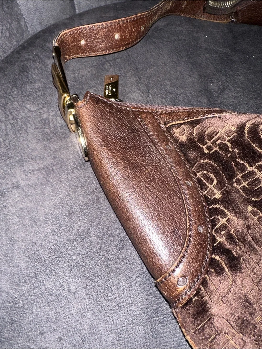 Gucci Brown Velvet Hobo with Blue and Gold Center Stripes